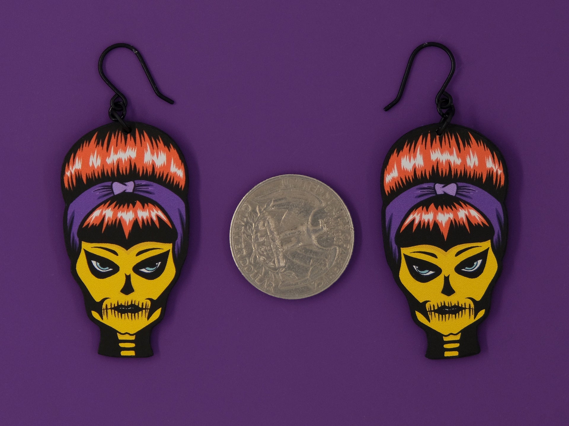 Handmade Original Halloween Ghoulgirl Spooky Susie Skellina McSkelly Fall Skeleton Skull Lightweight Plastic Earrings Made In USA