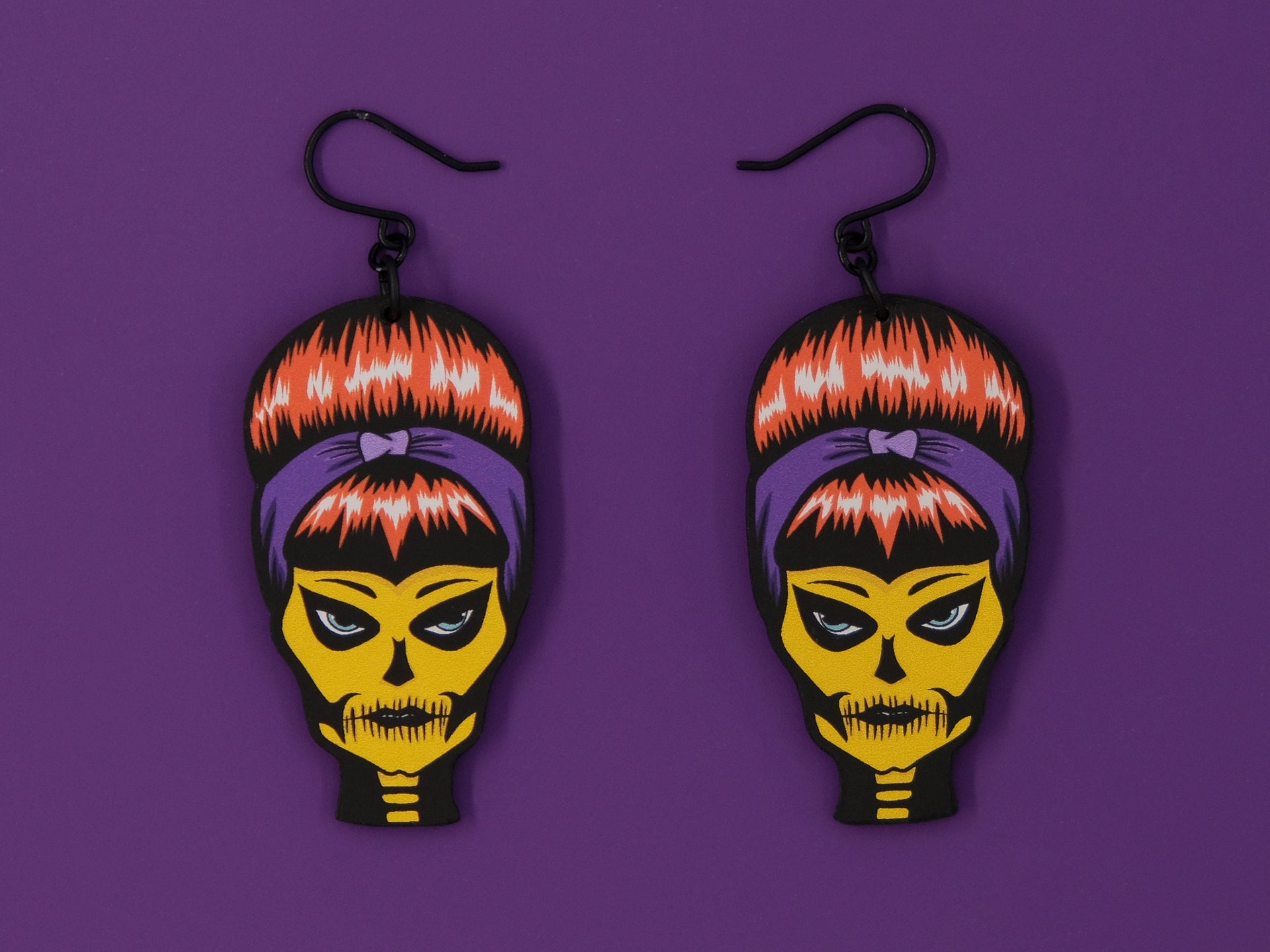 Handmade Original Halloween Ghoulgirl Spooky Susie Skellina McSkelly Fall Skeleton Skull Lightweight Plastic Earrings Made In USA