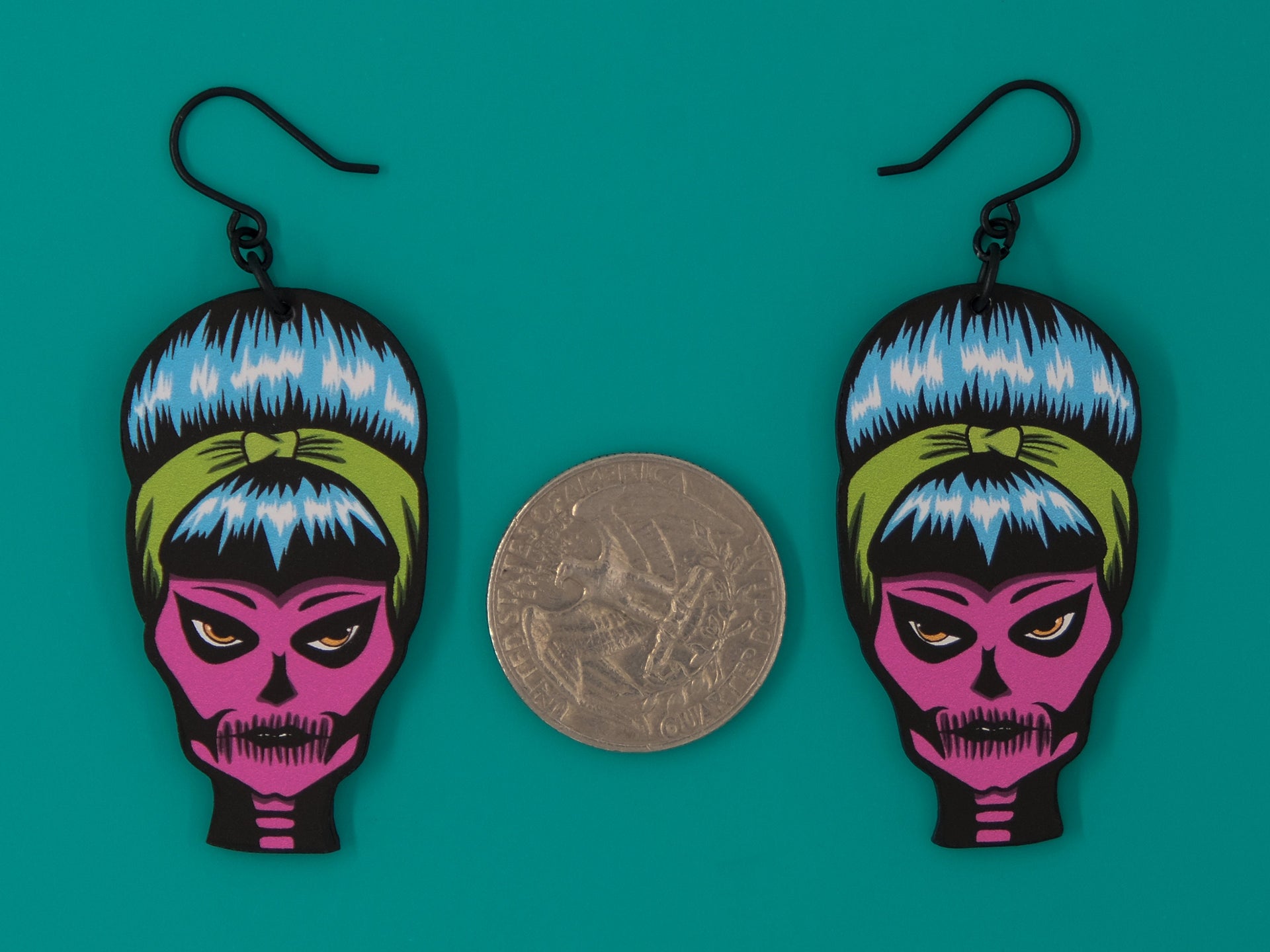 Handmade Original Goth Pinup Susie Skellina McSkelly Halloween Spooky Creepy Cute Skeleton Skull Lightweight Plastic Earrings Made In USA