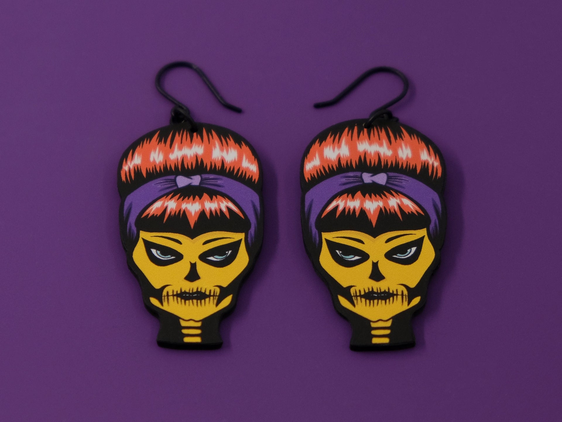 Handmade Original Halloween Ghoulgirl Spooky Susie Skellina McSkelly Fall Skeleton Skull Lightweight Plastic Earrings Made In USA