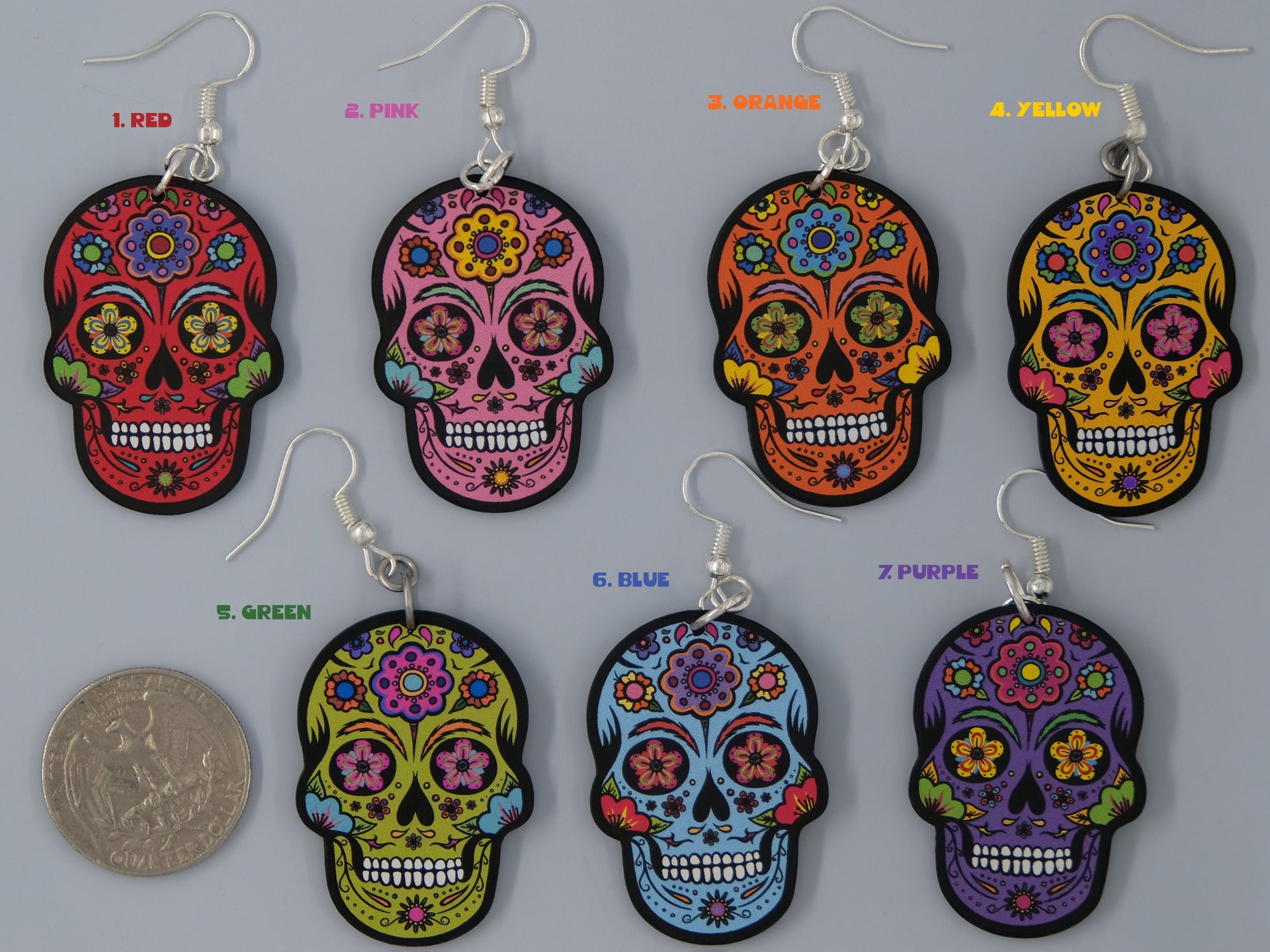 Handmade Original Retro Flower Sugar Skull Día de los Muertos Cráneo del Azúcar Halloween Lightweight Plastic Earrings Made In USA
