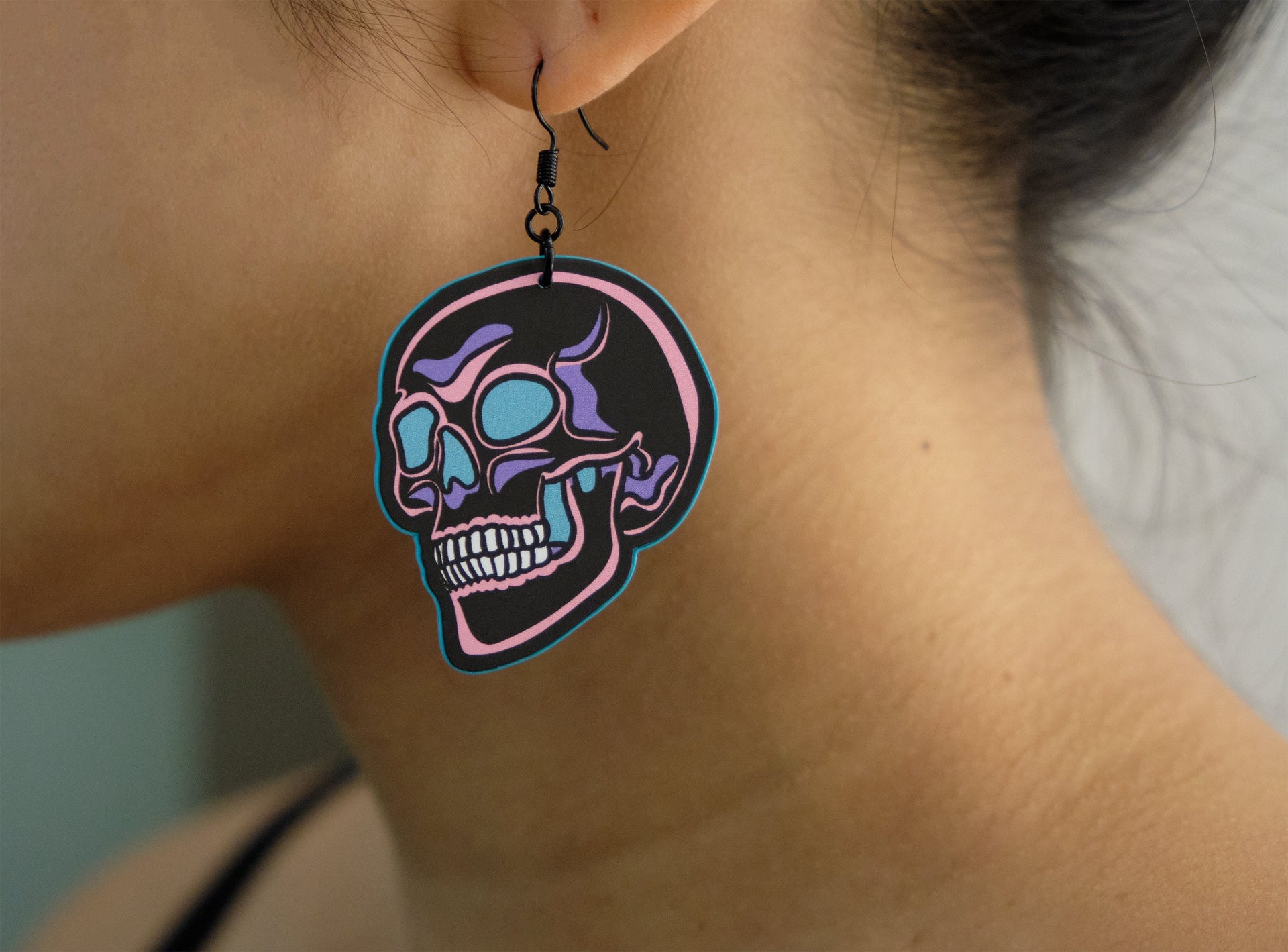 Handmade Original Pretty and Punk Skull Weird Funky Blue Statement Earrings Lightweight Plastic Earrings