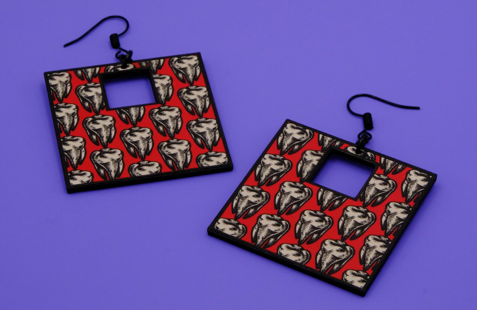 Handmade Original Retro Square Patterned Tattoo Inspired Teeth Tooth Lightweight Plastic Earrings