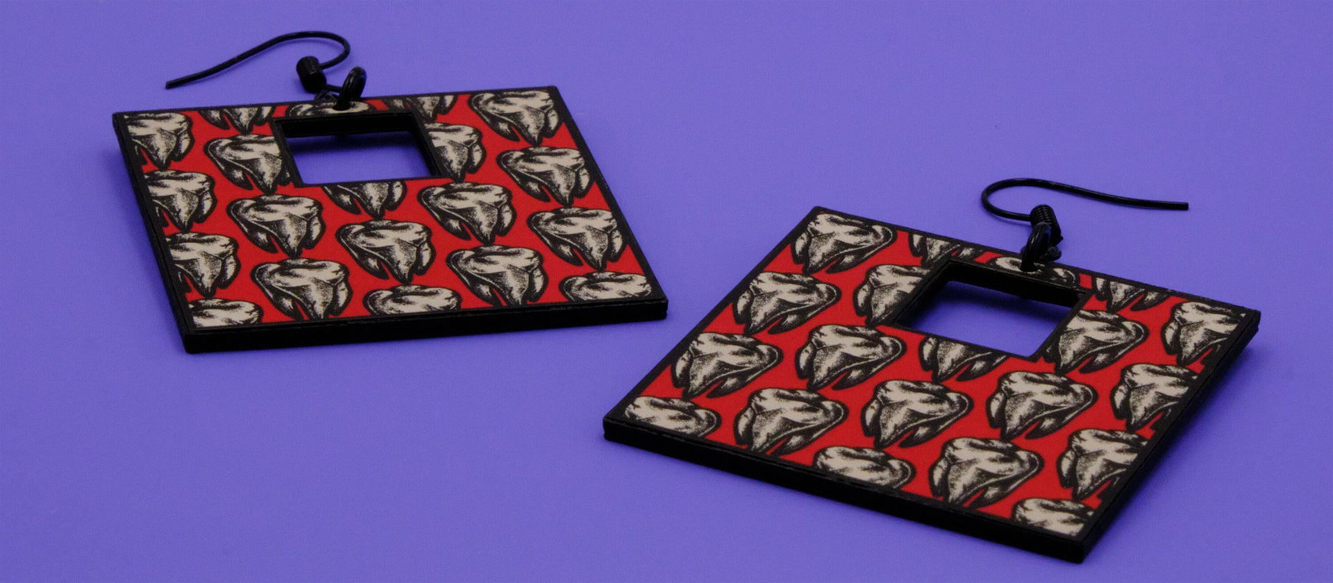 Handmade Original Retro Square Patterned Tattoo Inspired Teeth Tooth Lightweight Plastic Earrings