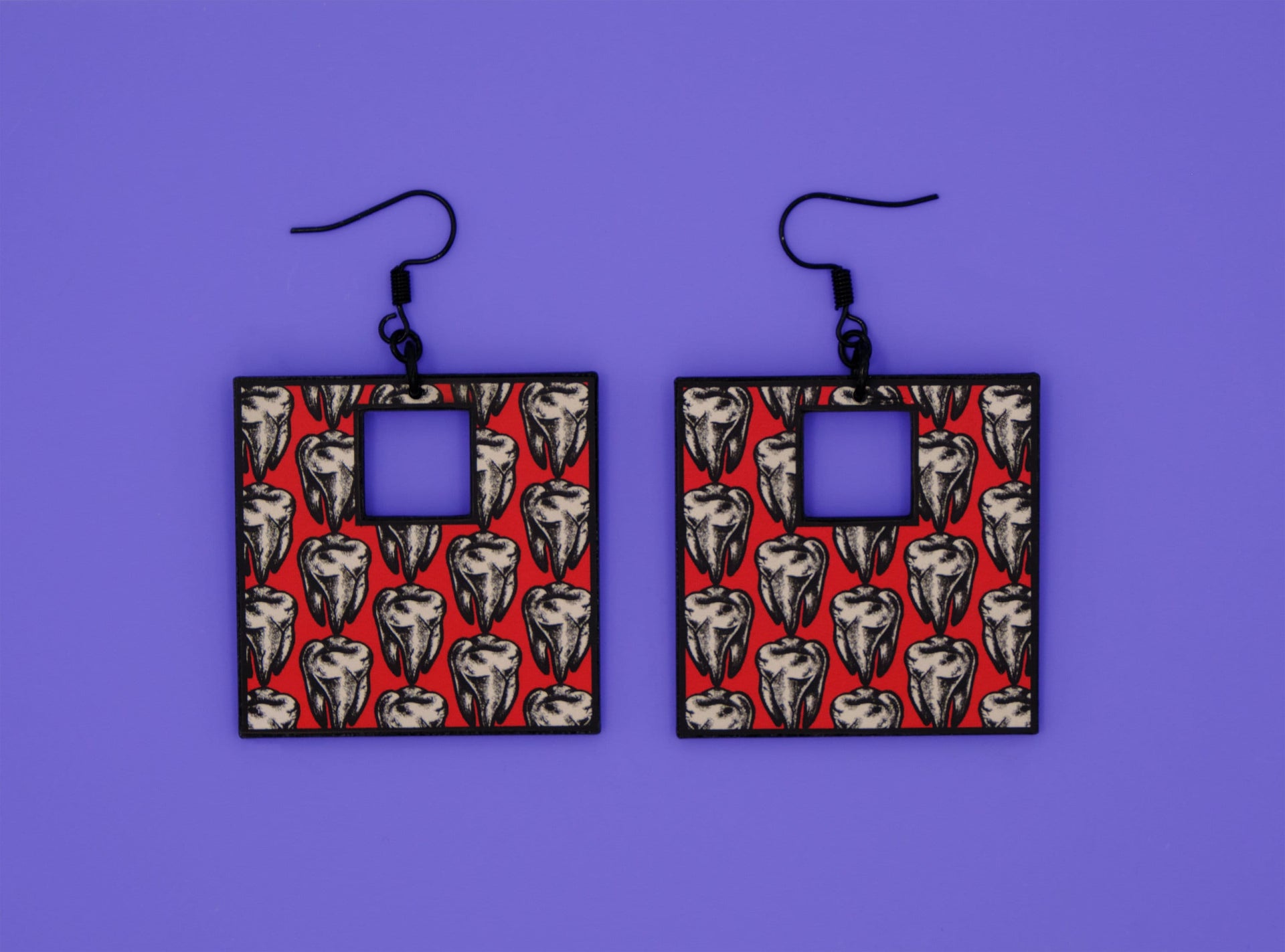 Handmade Original Retro Square Patterned Tattoo Inspired Teeth Tooth Lightweight Plastic Earrings