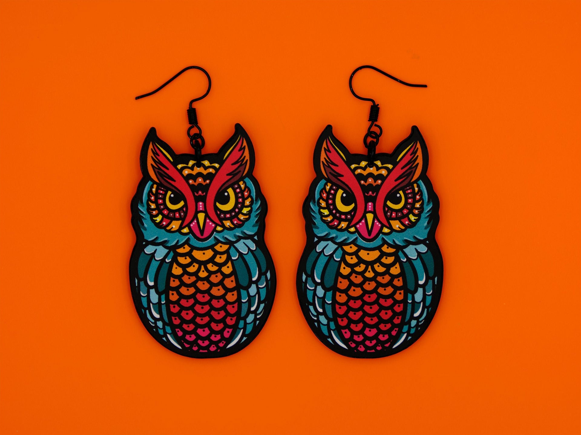 Handmade Original Tattoo Inspired Owl Bird Lightweight Plastic Earrings