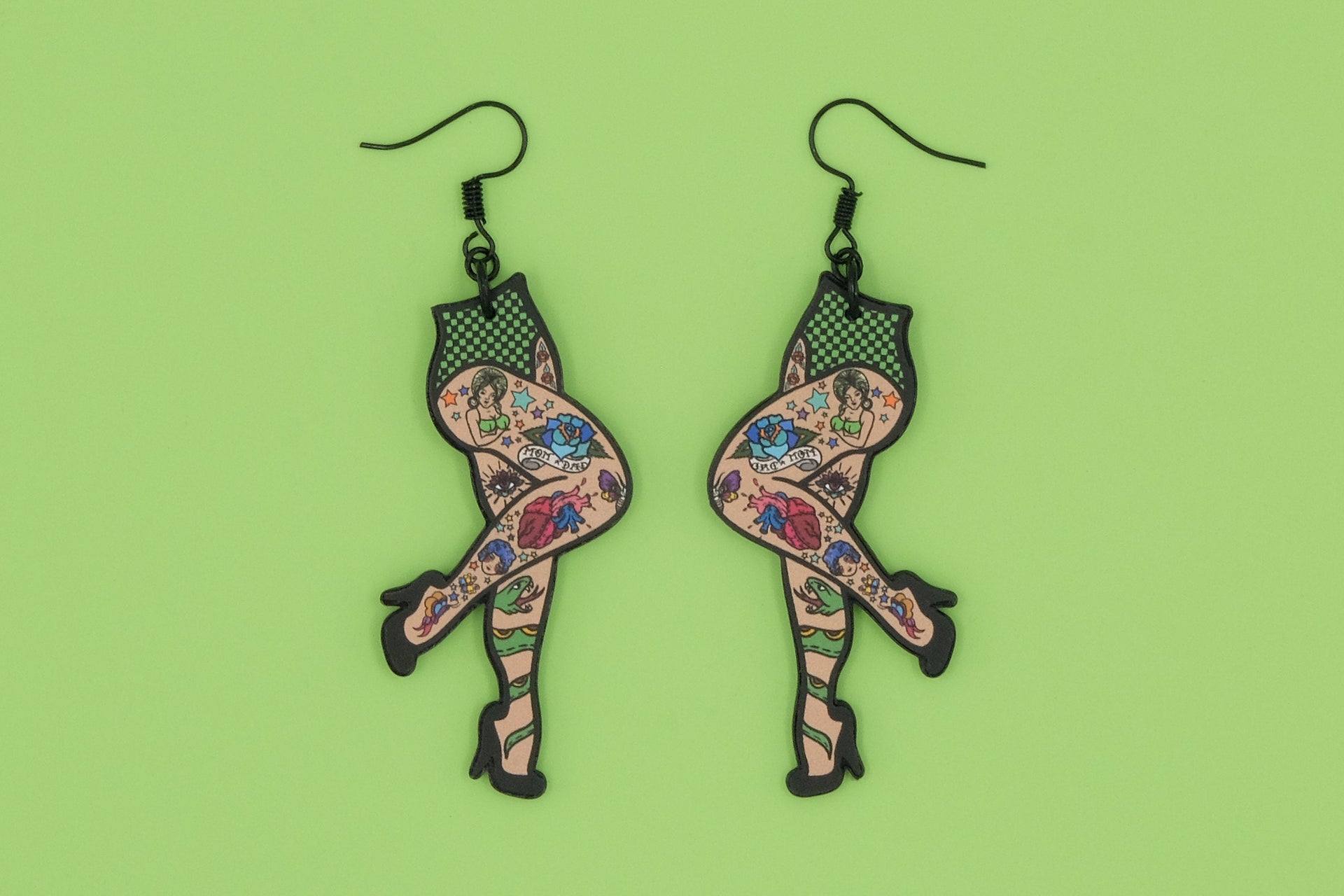 Handmade Original Flash Tattoo Punk Pin Up Girl Legs Weird Funky Statement Earrings Lightweight Plastic Earrings