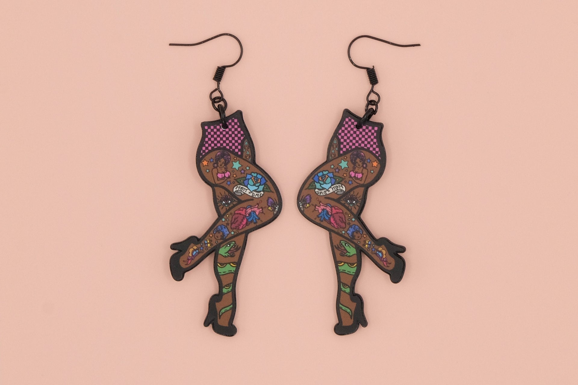 Handmade Original Flash Tattoo Punk Pin Up Girl Legs Weird Funky Statement Earrings Lightweight Plastic Earrings