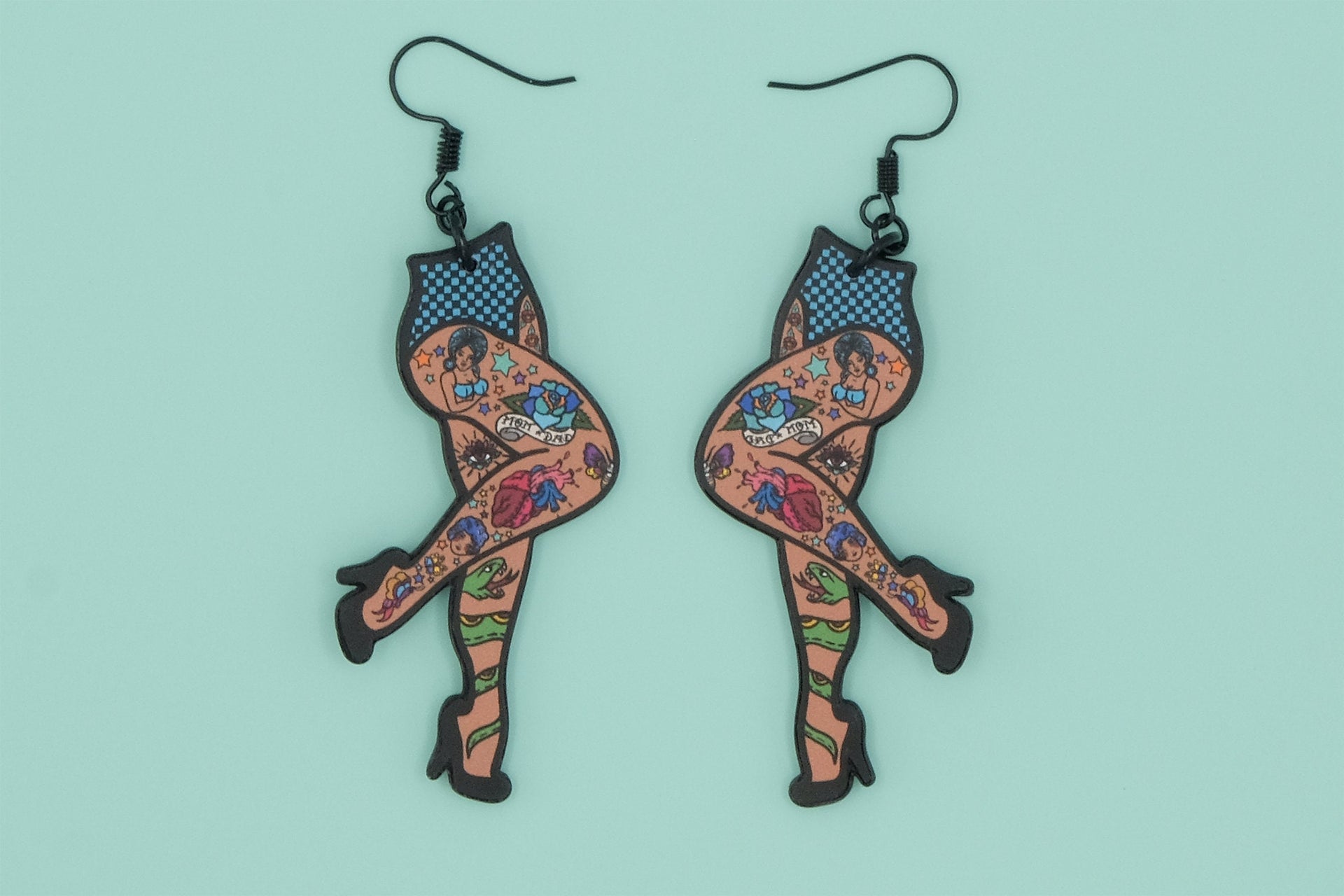 Handmade Original Flash Tattoo Punk Pin Up Girl Legs Weird Funky Statement Earrings Lightweight Plastic Earrings