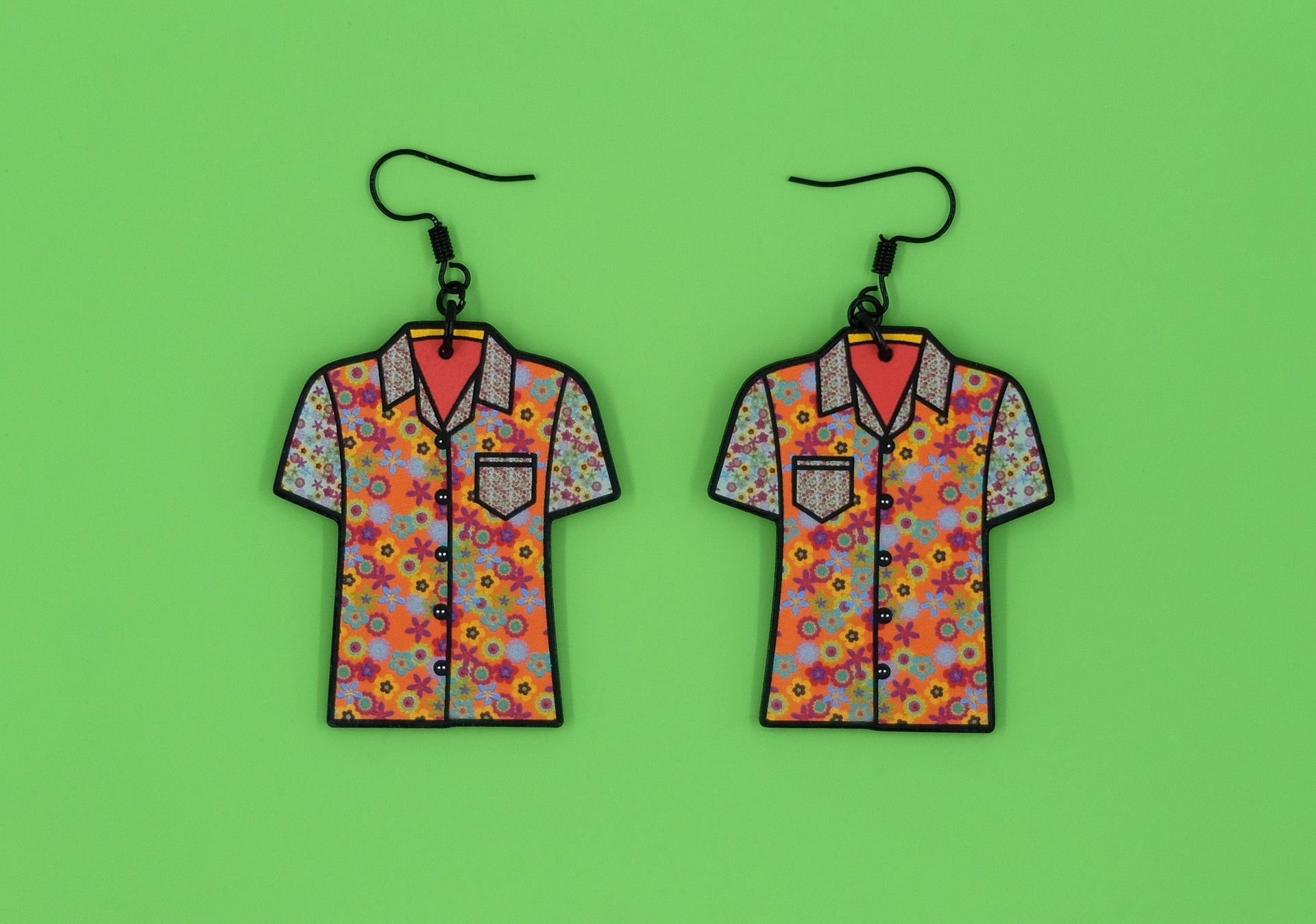 Funky Handmade Retro Flower Hawaiian Shirt Psychedelic Weird Spring Summer Statement Lightweight Plastic Earrings