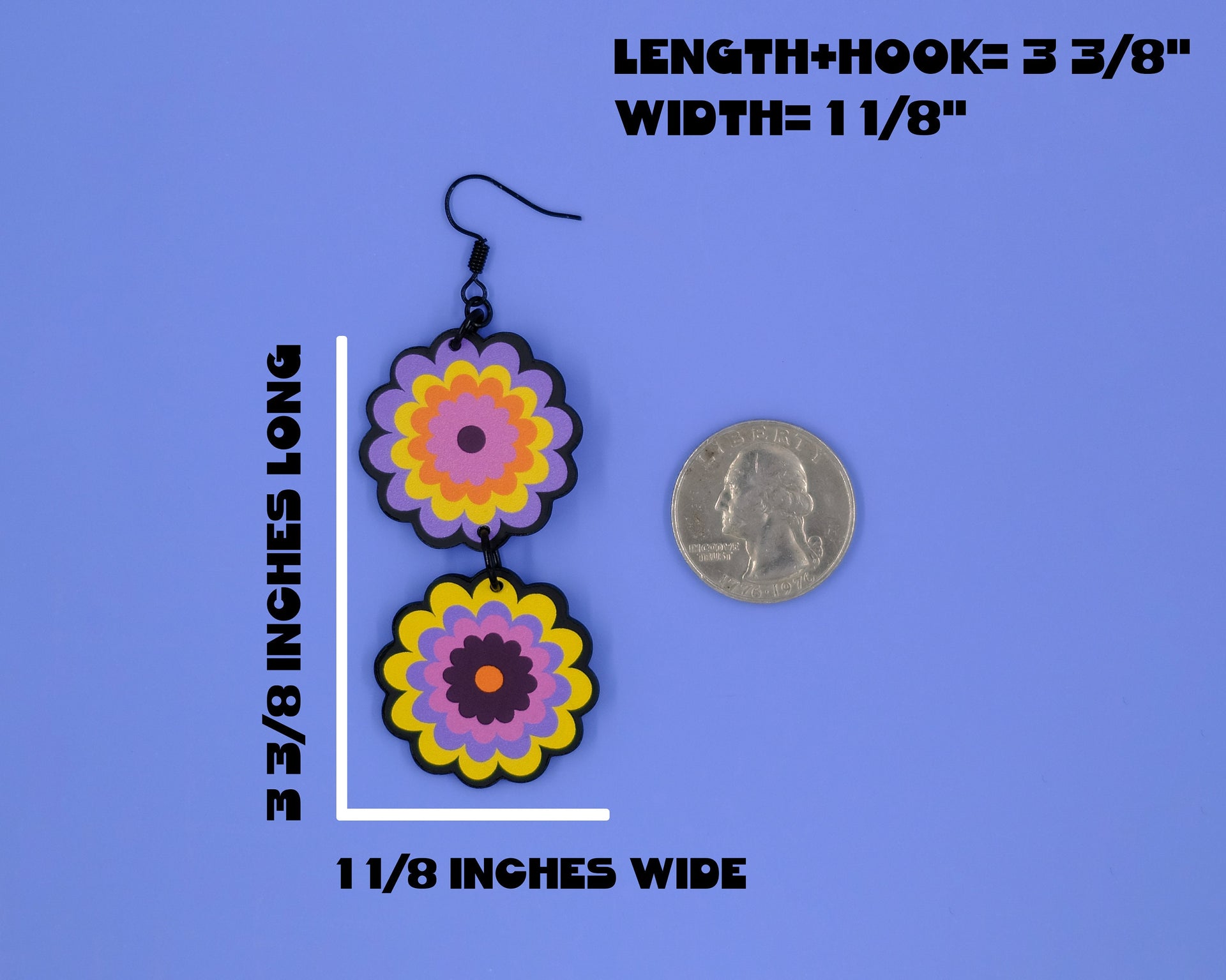 Handmade Original Groovy Retro Mod Chrysanthemum Flower Mismatched Summer Statement Lightweight Plastic Earrings