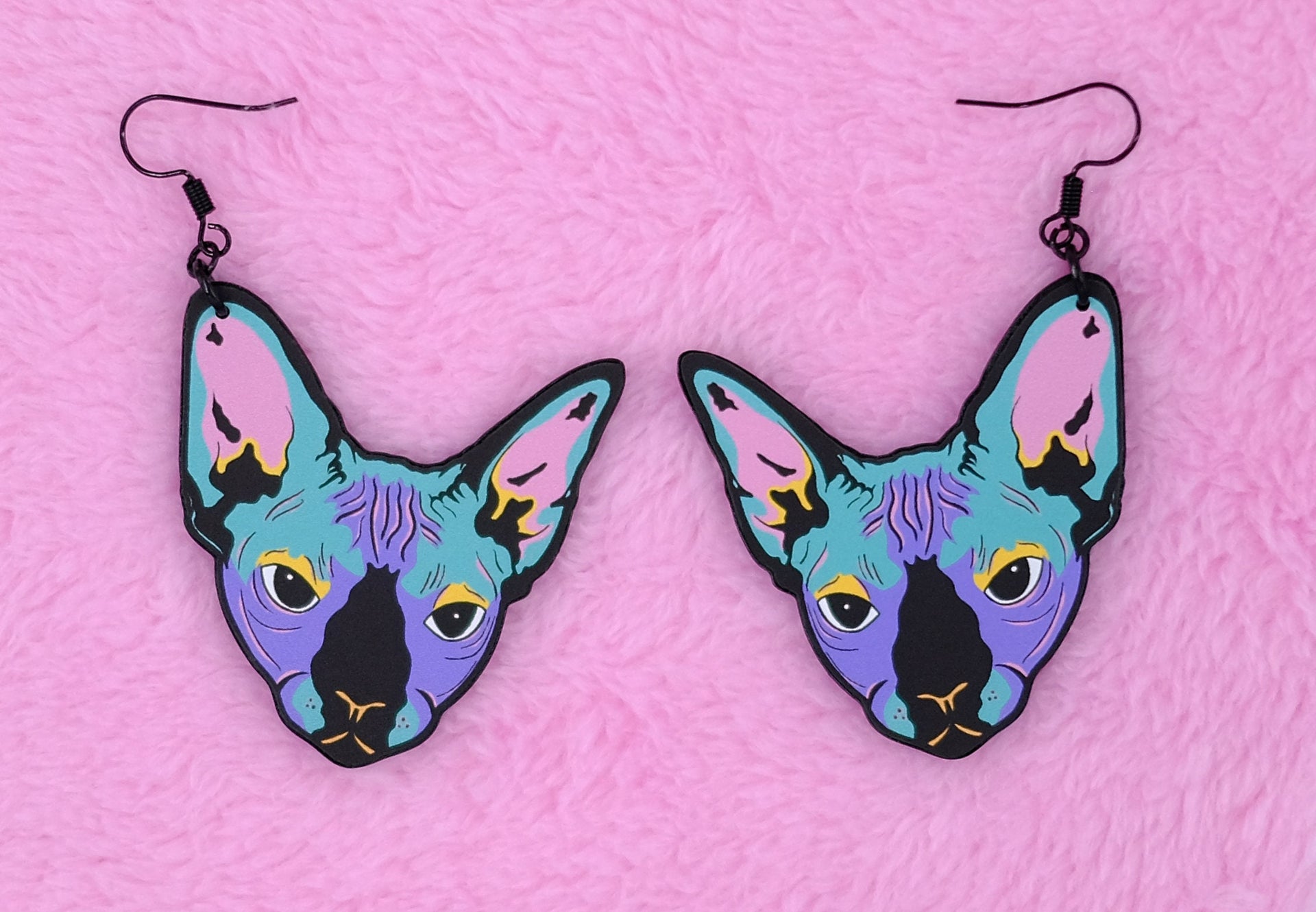 Handmade Original Pastel Punk Goth Louise The Hairless Sphinx Cat Lightweight Plastic Earrings