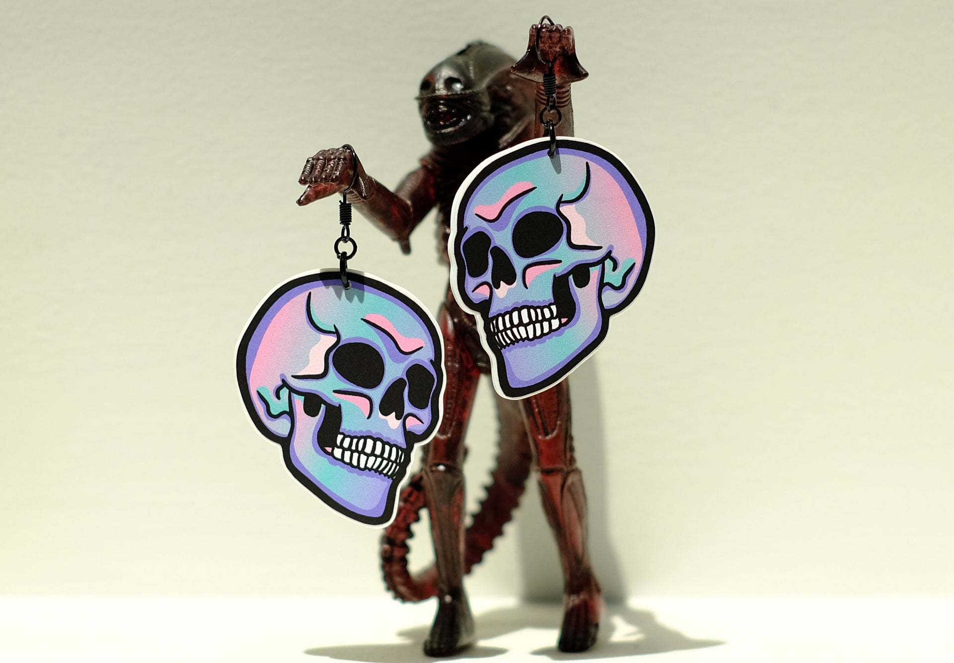 Handmade Original Pastel Punk Goth Pretty and Punk Skull Weird Statement Halloween Lightweight Plastic Earrings