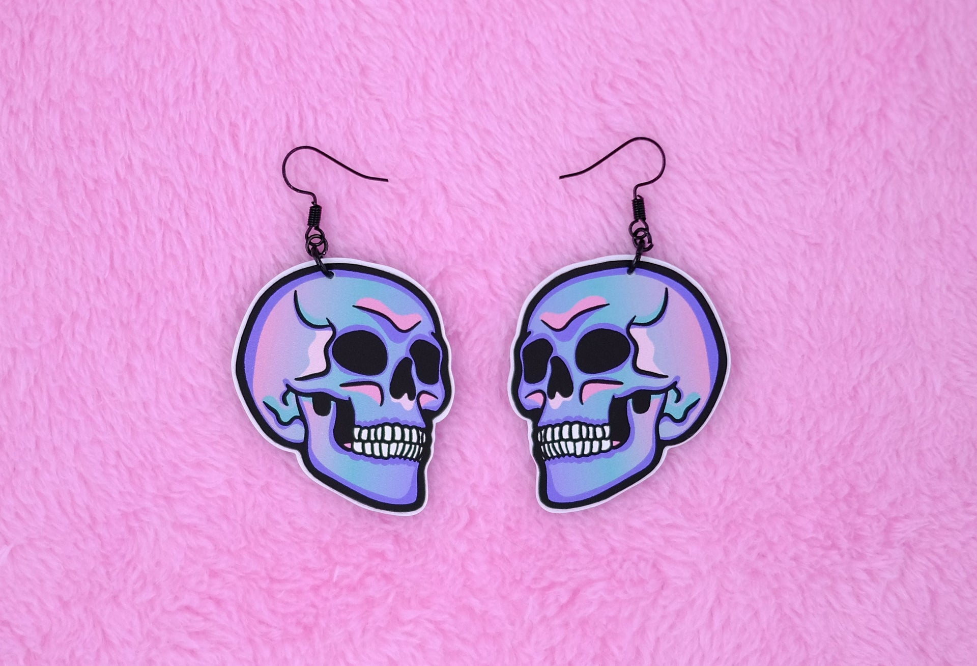 Handmade Original Pastel Punk Goth Pretty and Punk Skull Weird Statement Halloween Lightweight Plastic Earrings