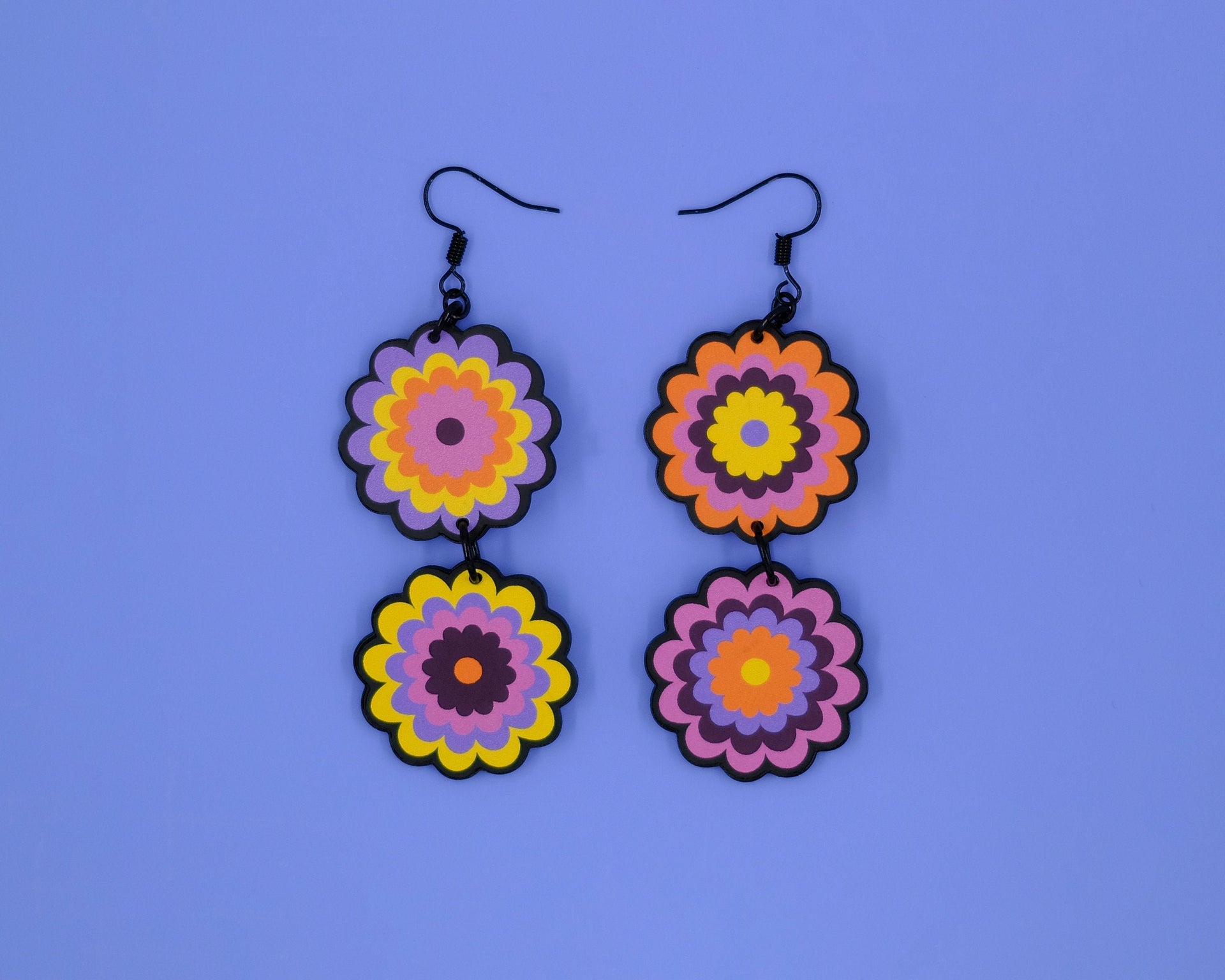 Handmade Original Groovy Retro Mod Chrysanthemum Flower Mismatched Summer Statement Lightweight Plastic Earrings