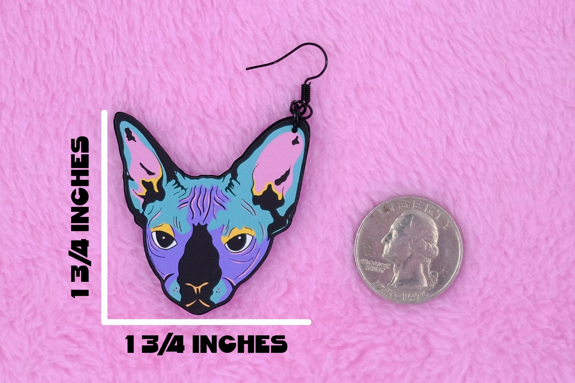 Handmade Original Pastel Punk Goth Louise The Hairless Sphinx Cat Lightweight Plastic Earrings