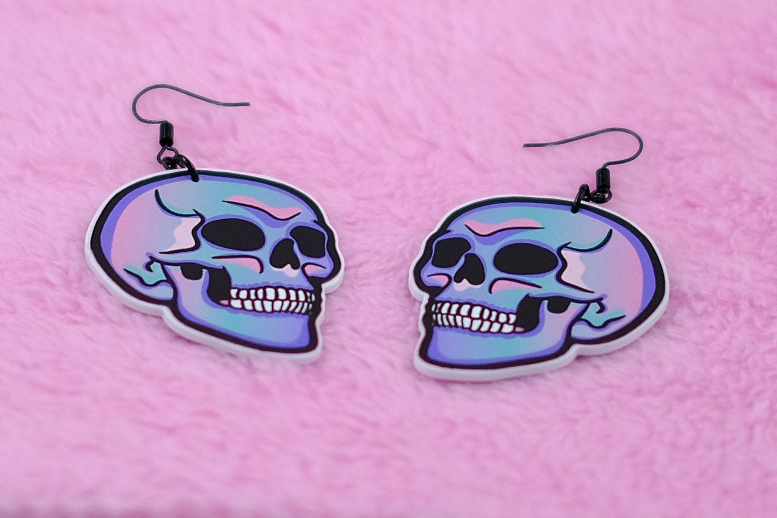 Handmade Original Pastel Punk Goth Pretty and Punk Skull Weird Statement Halloween Lightweight Plastic Earrings