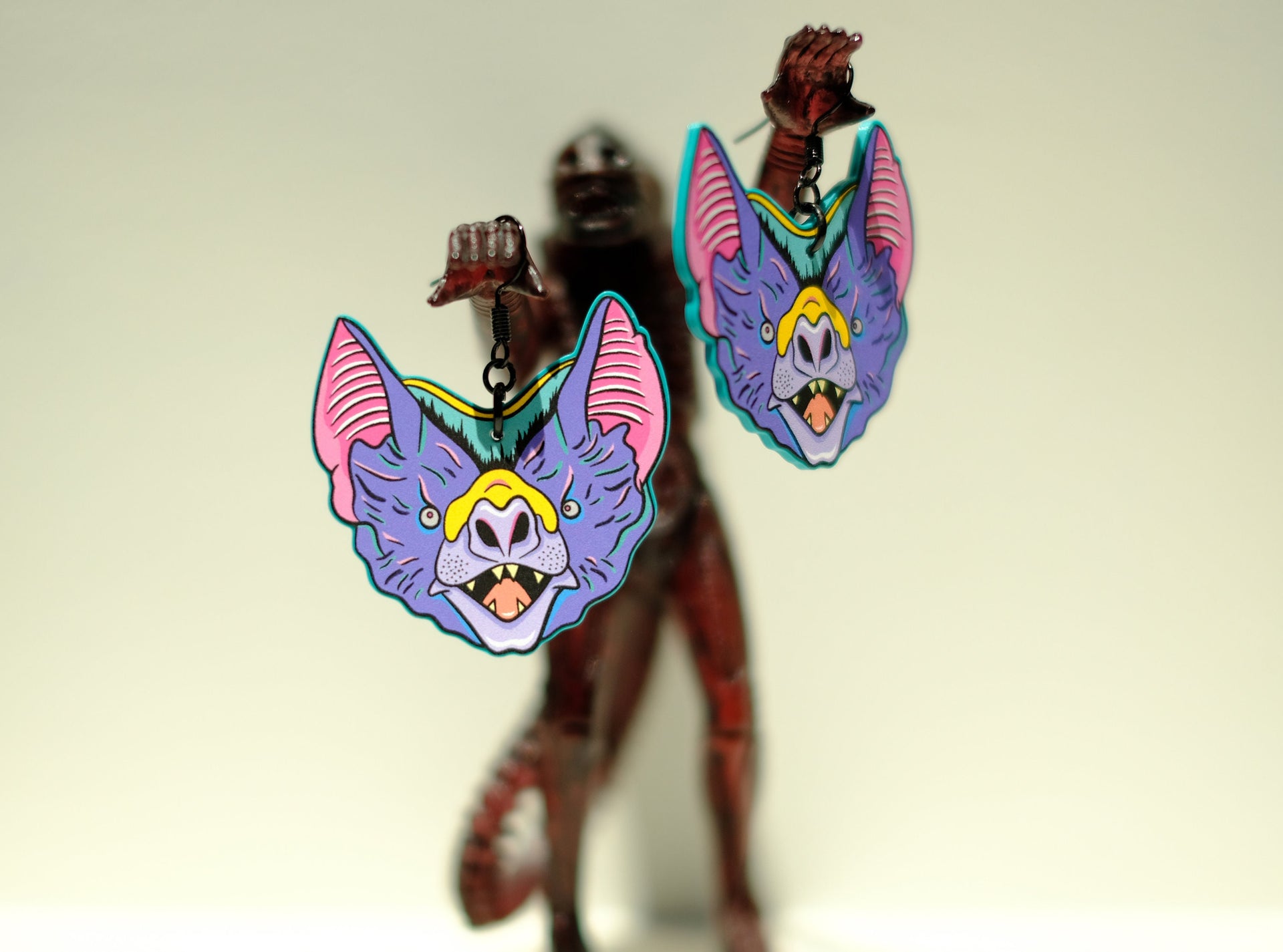 Handmade Original Pastel Punk Goth Tattoo Inspired Bat Weird Statement Spooky Costume Lightweight Plastic Earrings