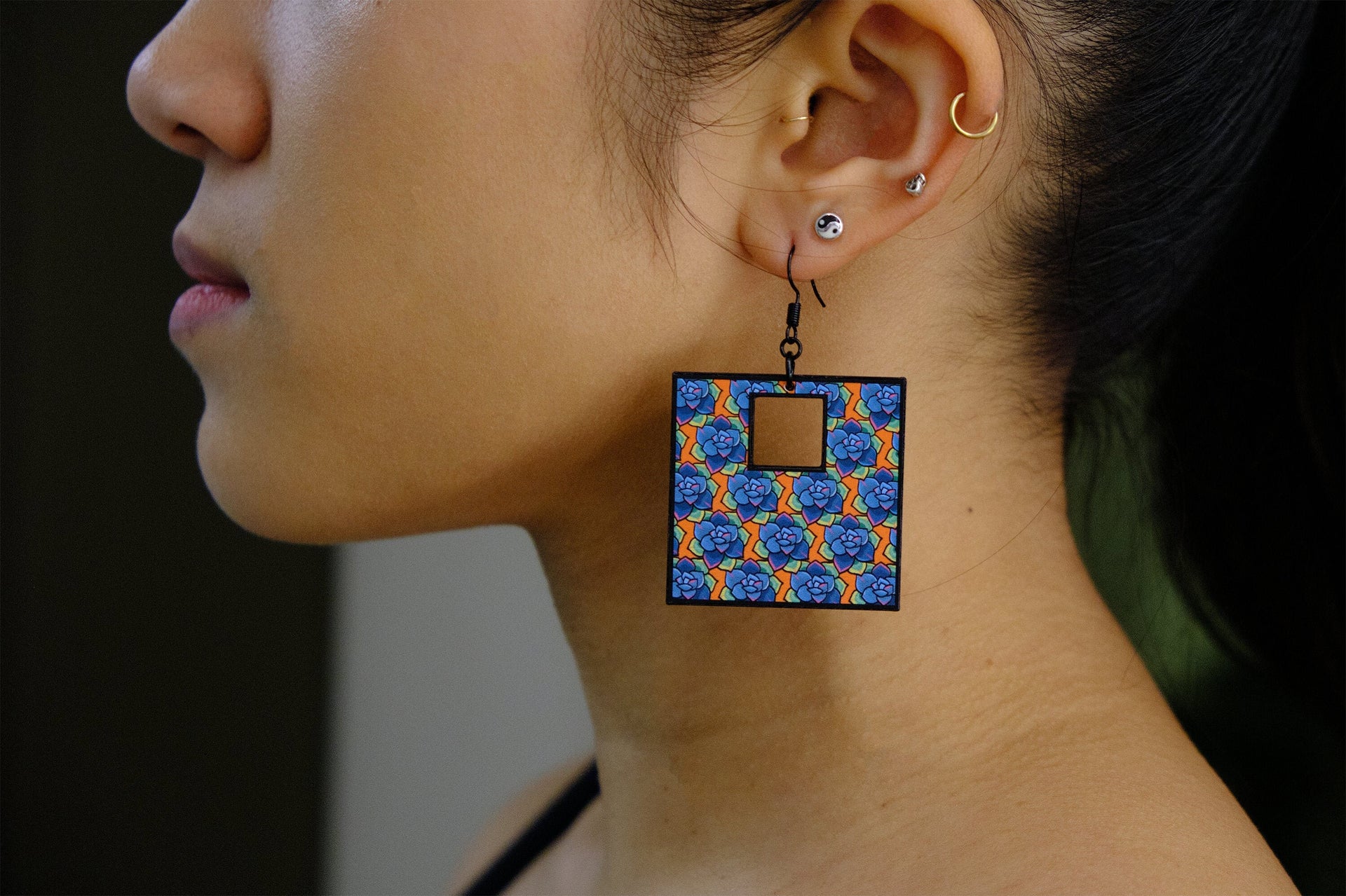 Handmade Original Retro Square Patterned Succulent Plant Lightweight Plastic Earrings