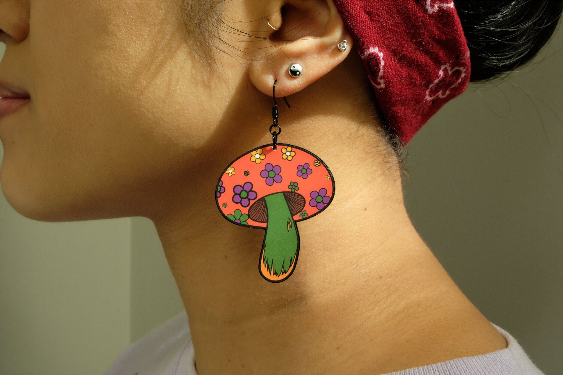Handmade Original Groovy Retro Mod Flower Child 70's Retro Mushroom Lightweight Plastic Earrings