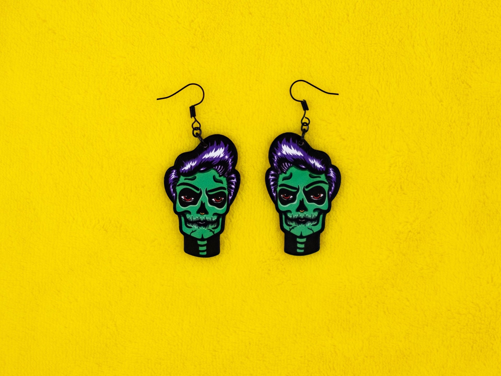 Handmade Original Spooky GhoulGuy Halloween Stephan Skellador Goth Pinup Fall Skeleton Skull Lightweight Plastic Earrings Made In USA