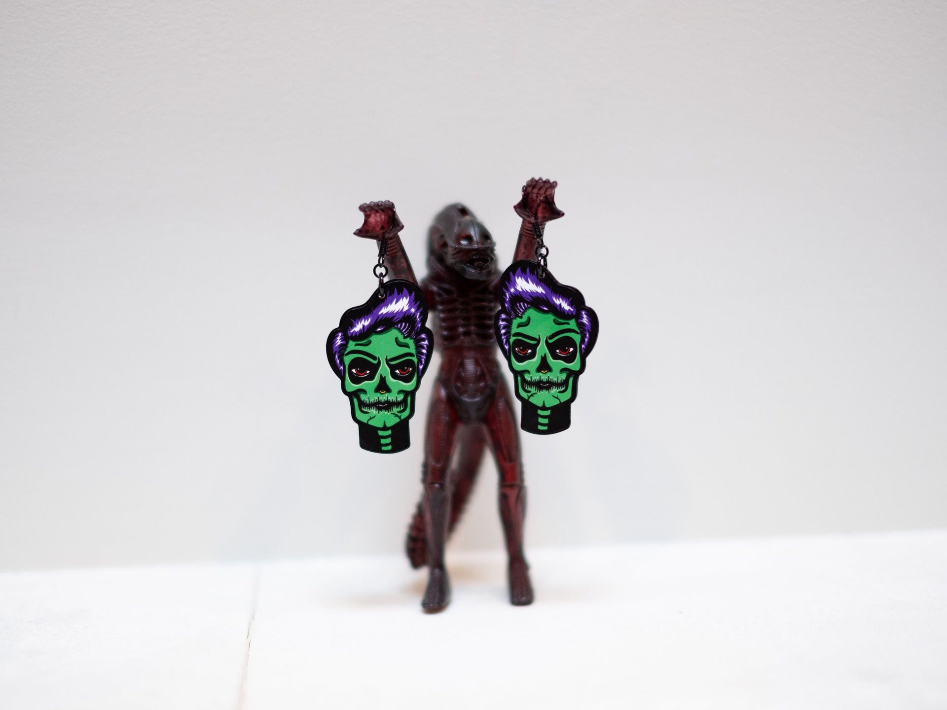 Handmade Original Spooky GhoulGuy Halloween Stephan Skellador Goth Pinup Fall Skeleton Skull Lightweight Plastic Earrings Made In USA
