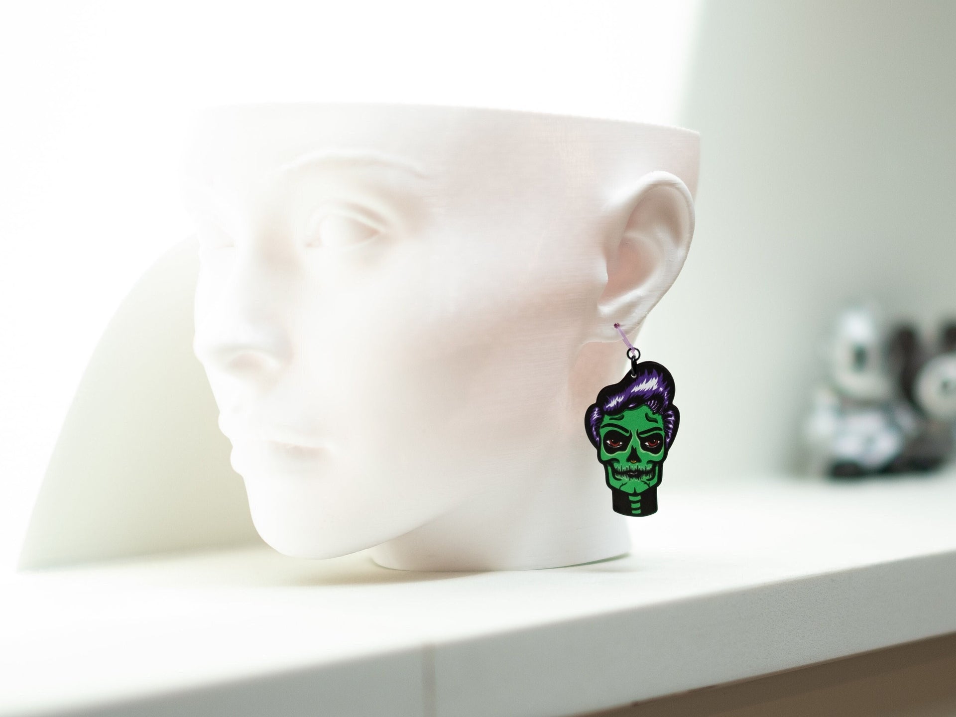 Handmade Original Spooky GhoulGuy Halloween Stephan Skellador Goth Pinup Fall Skeleton Skull Lightweight Plastic Earrings Made In USA
