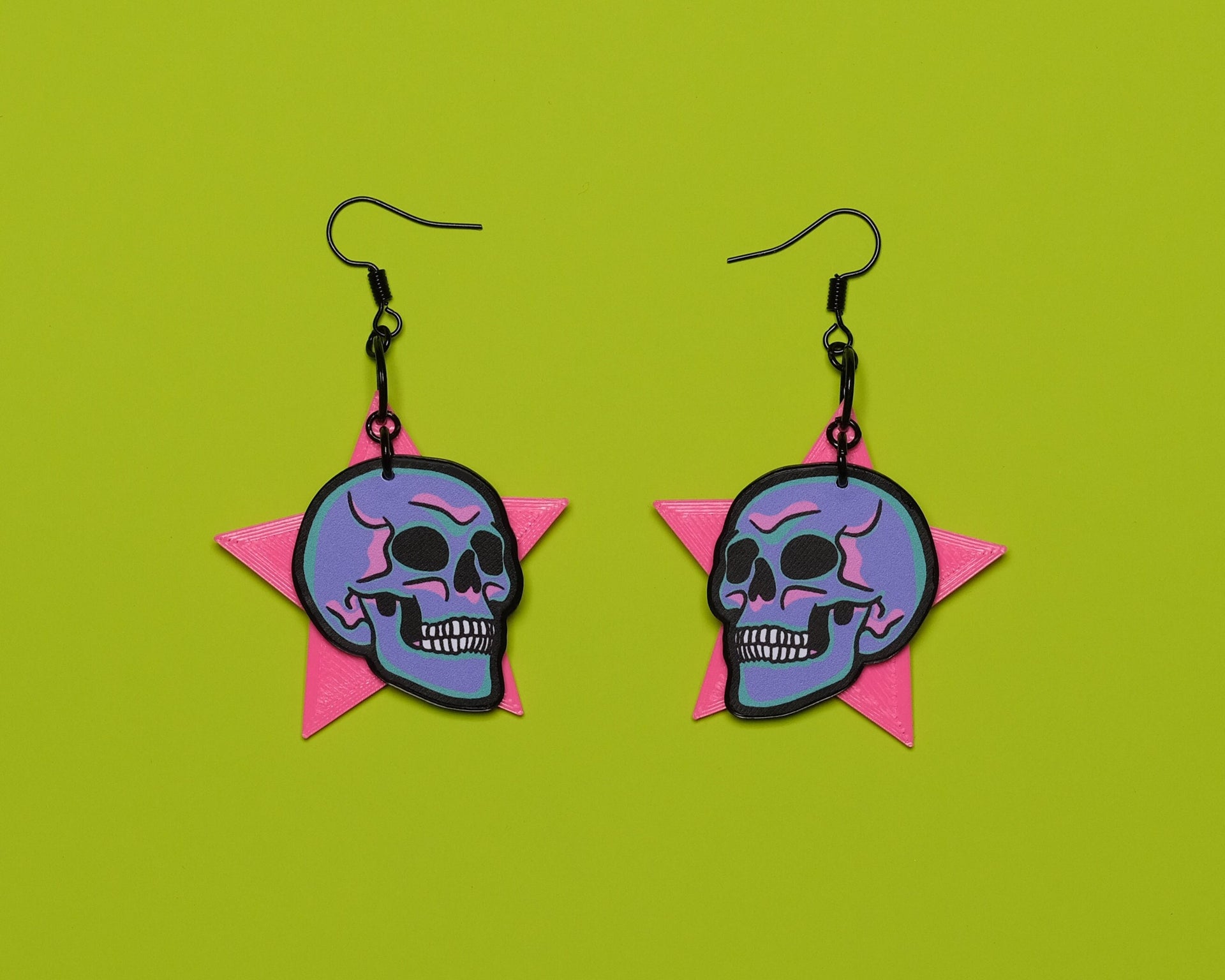 Handmade Original Pastel Punk Goth Pretty and Punk Skull Weird Statement Halloween Lightweight Plastic Earrings