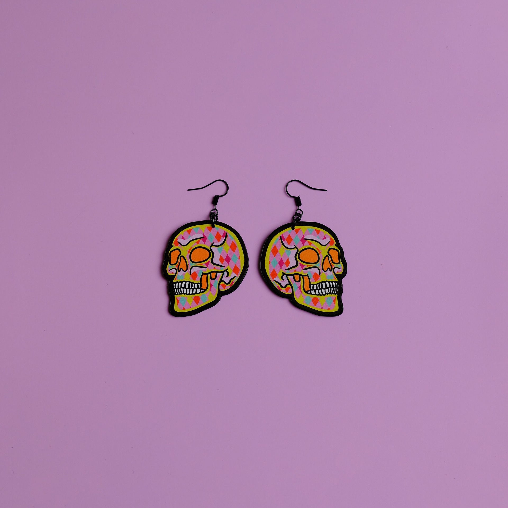 Handmade Original Pink Goth Arglye 90s Y2K Pretty and Punk Skull Lightweight Weird Plastic Earrings