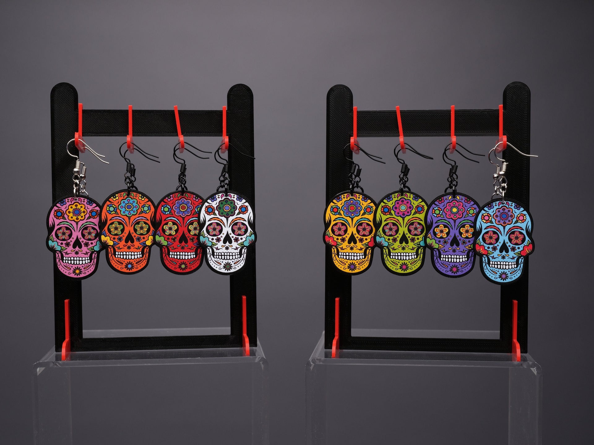 Handmade Original Retro Flower Sugar Skull Día de los Muertos Cráneo del Azúcar Halloween Lightweight Plastic Earrings Made In USA