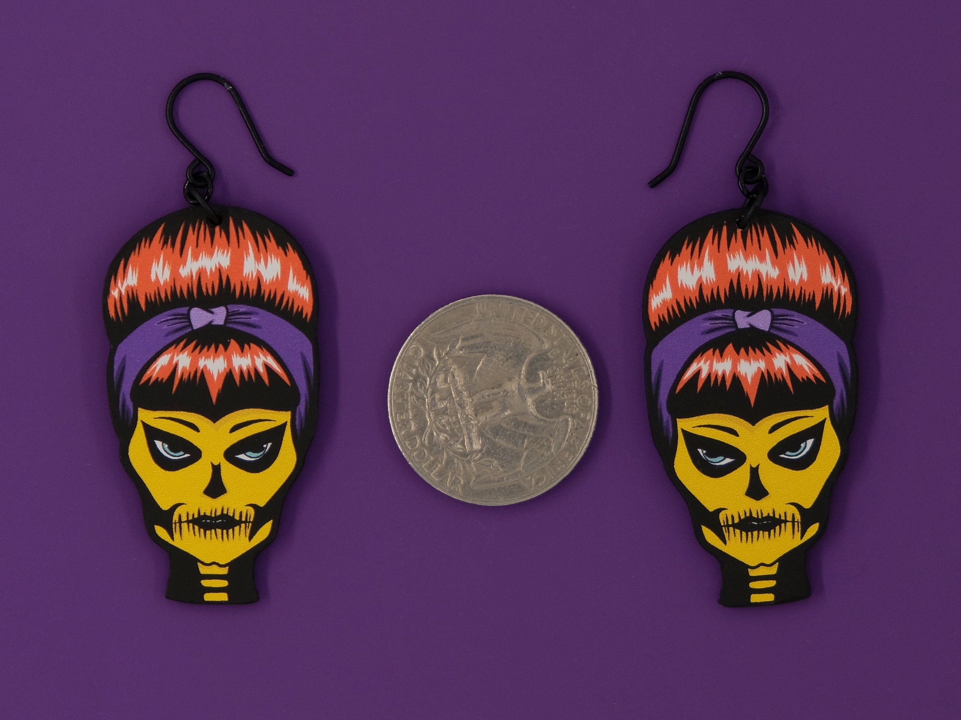 Handmade Original Halloween Ghoulgirl Spooky Susie Skellina McSkelly Fall Skeleton Skull Lightweight Plastic Earrings Made In USA