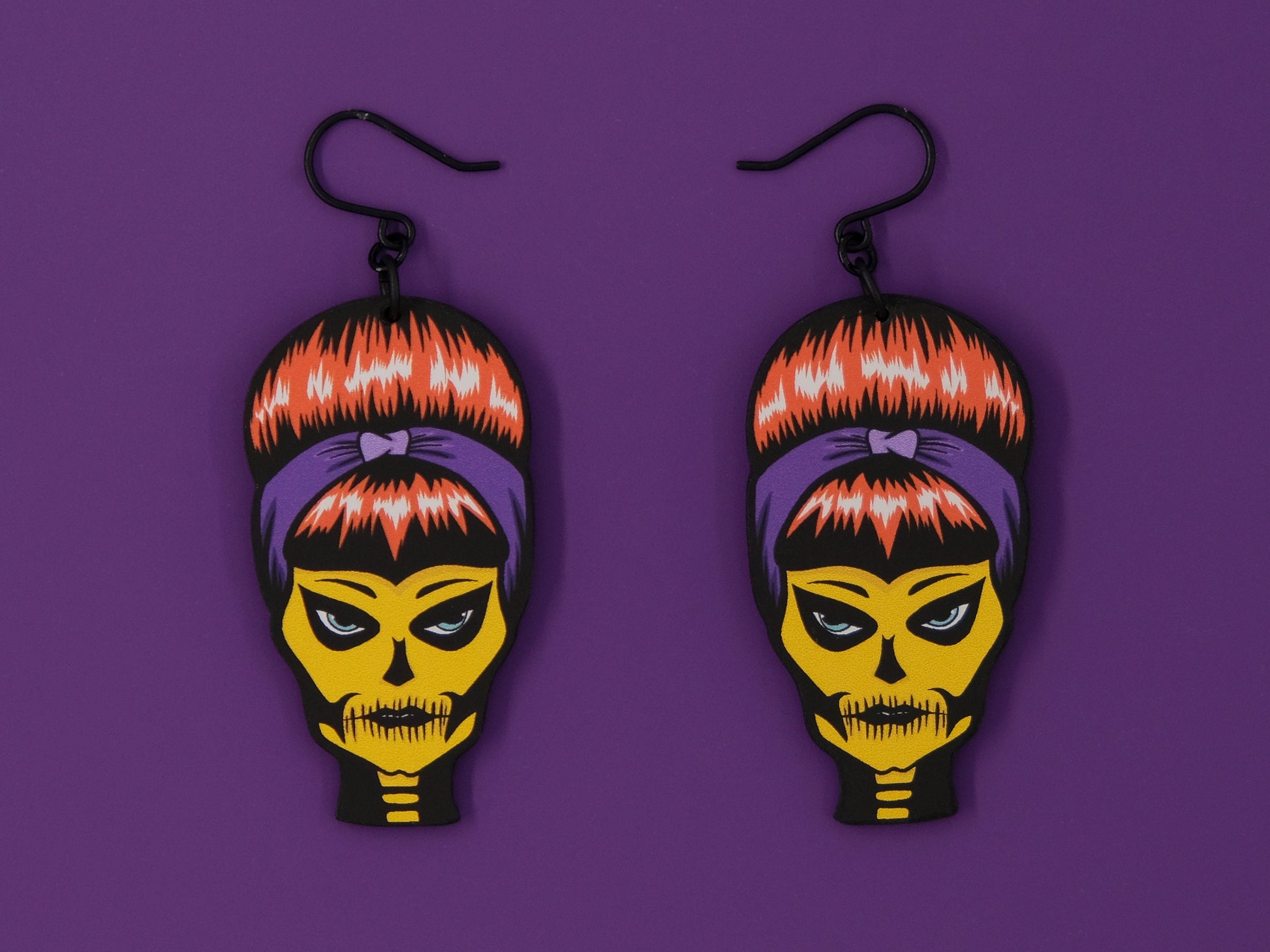 Handmade Original Halloween Ghoulgirl Spooky Susie Skellina McSkelly Fall Skeleton Skull Lightweight Plastic Earrings Made In USA