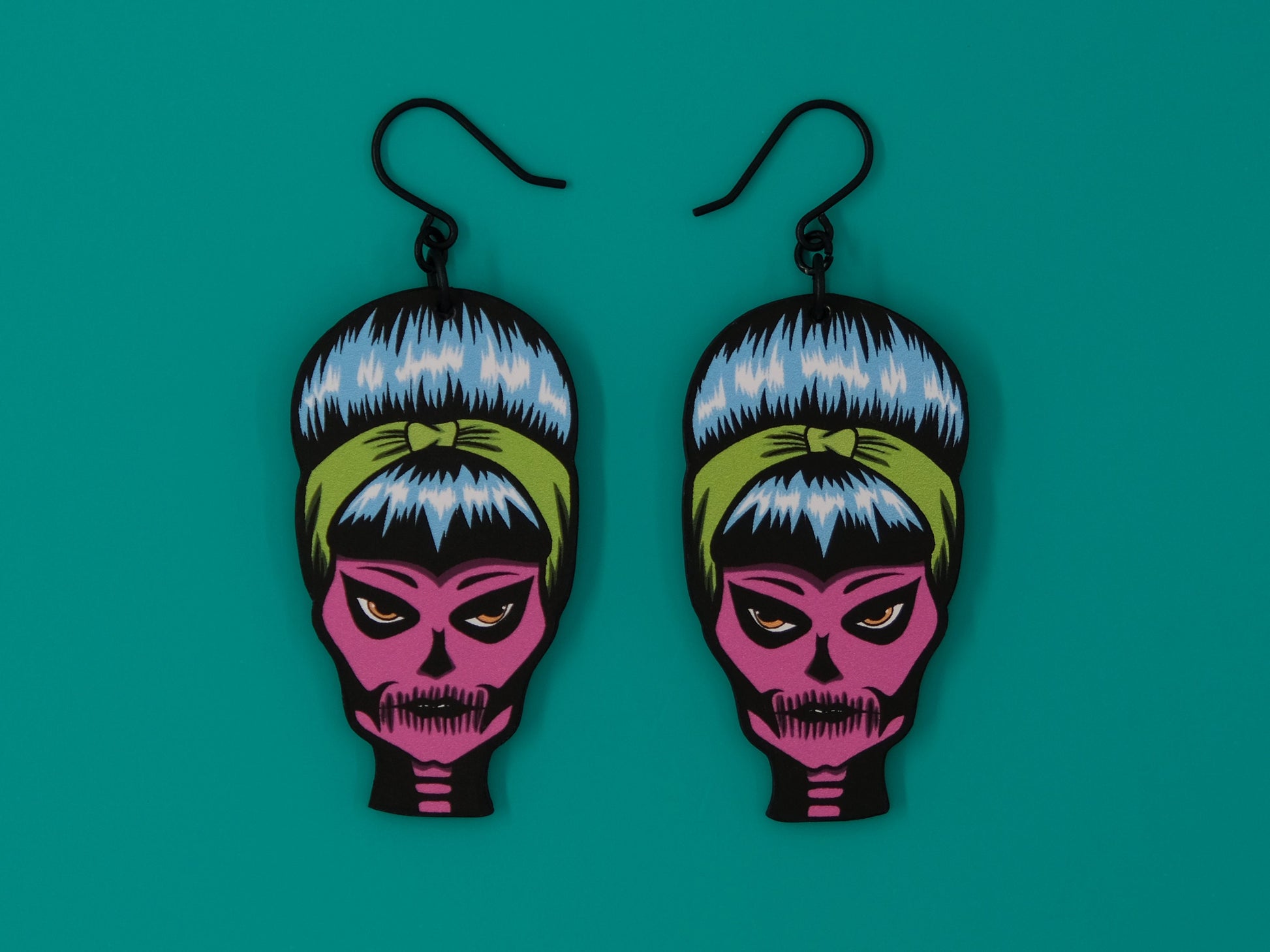Handmade Original Goth Pinup Susie Skellina McSkelly Halloween Spooky Creepy Cute Skeleton Skull Lightweight Plastic Earrings Made In USA