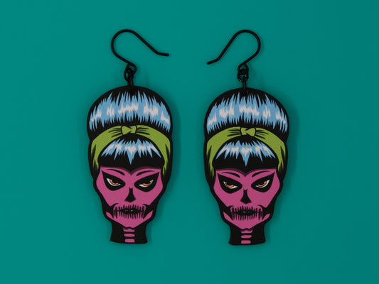 Handmade Original Goth Pinup Susie Skellina McSkelly Halloween Spooky Creepy Cute Skeleton Skull Lightweight Plastic Earrings Made In USA
