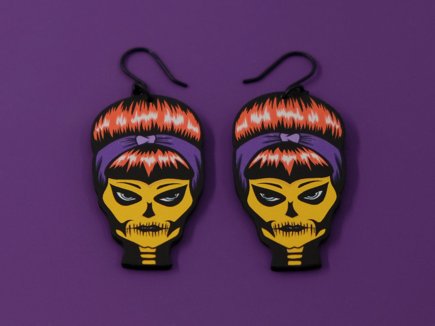 Handmade Original Halloween Ghoulgirl Spooky Susie Skellina McSkelly Fall Skeleton Skull Lightweight Plastic Earrings Made In USA