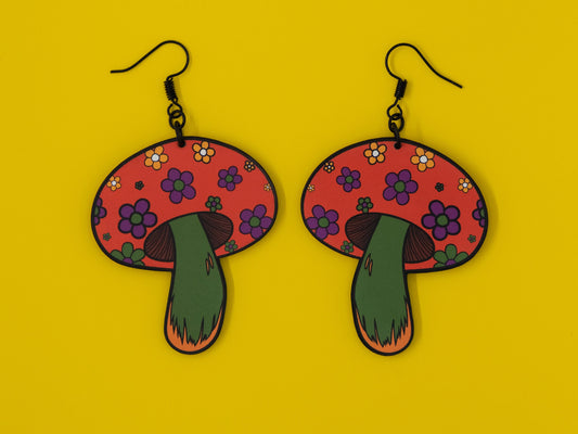 Handmade Original Groovy Retro Mod Flower Child 70's Retro Mushroom Lightweight Plastic Earrings