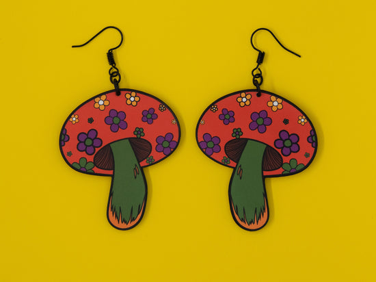Handmade Original Groovy Retro Mod Flower Child 70's Retro Mushroom Lightweight Plastic Earrings