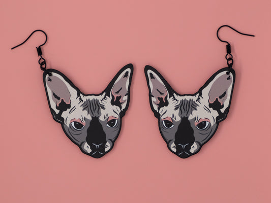 Handmade Original Louise The Hairless Sphinx Cat Lightweight Plastic Earrings