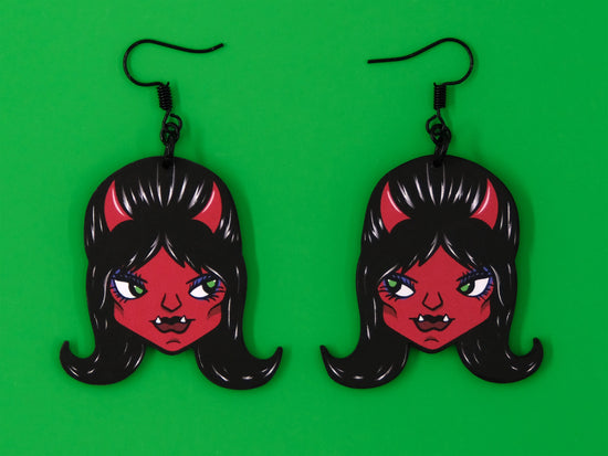 Handmade Original Ghoulgirl D.D. DeVil Halloween Spooky Devil Girl Lightweight Plastic Earrings