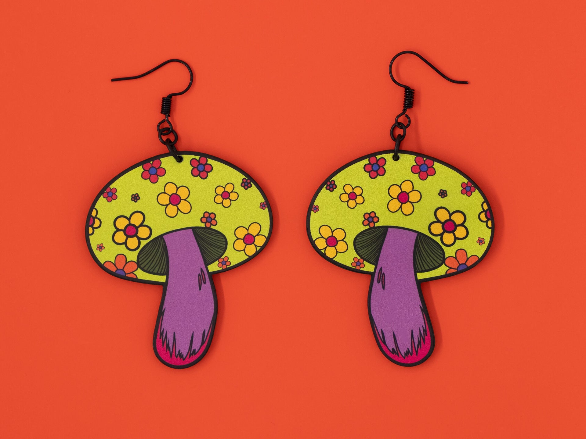 Handmade Original Groovy Retro Mod Flower Child 70's Retro Mushroom Lightweight Plastic Earrings