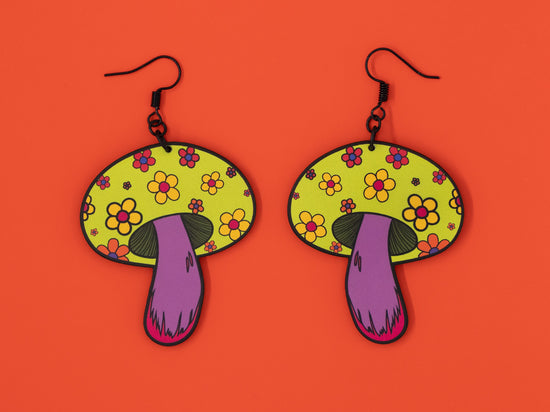Handmade Original Groovy Retro Mod Flower Child 70's Retro Mushroom Lightweight Plastic Earrings