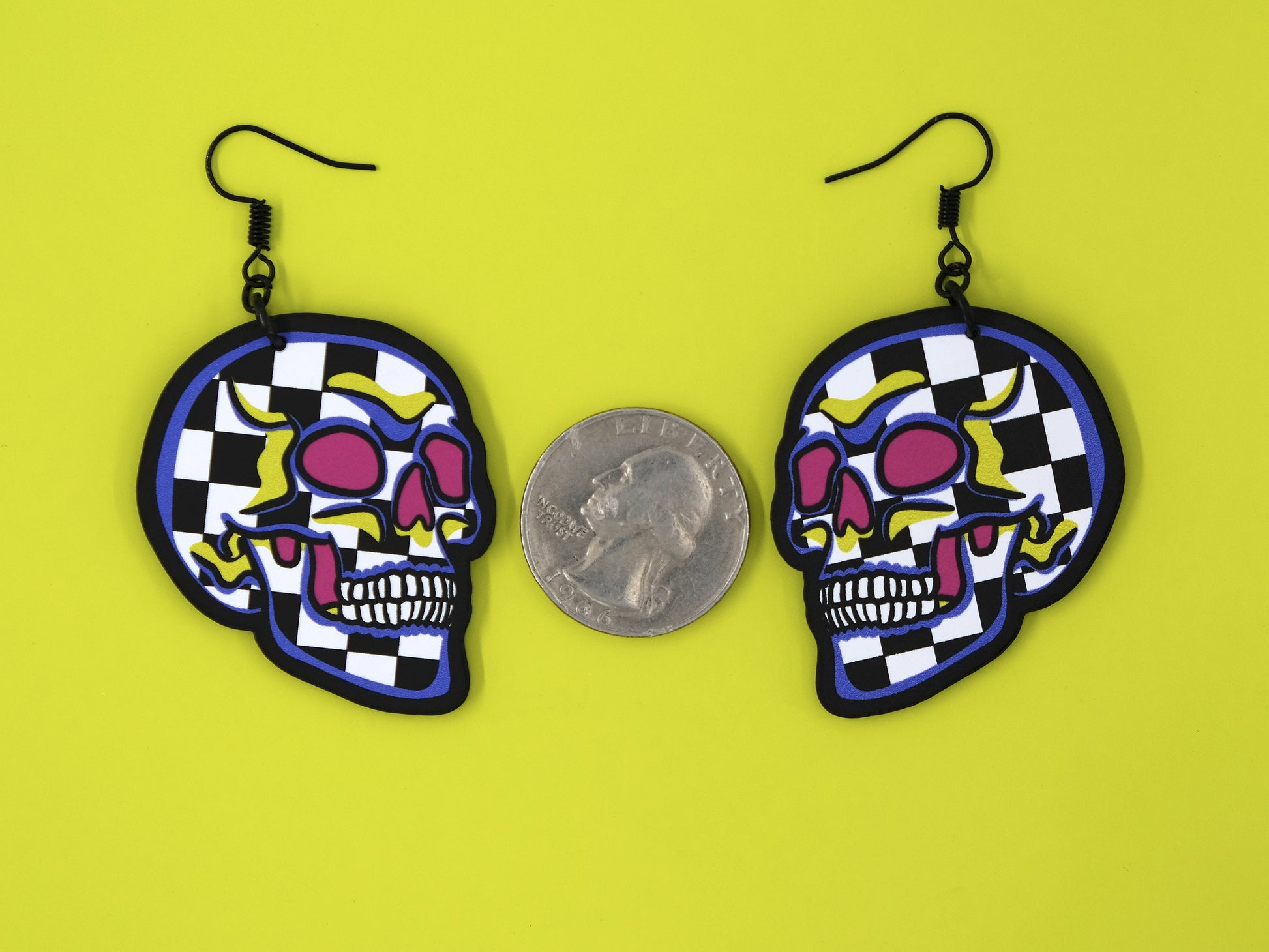 Handmade Original Pretty and Punk Checkered Skull Halloween Costume Lightweight Plastic Earrings