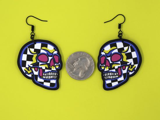 Handmade Original Pretty and Punk Checkered Skull Halloween Costume Lightweight Plastic Earrings