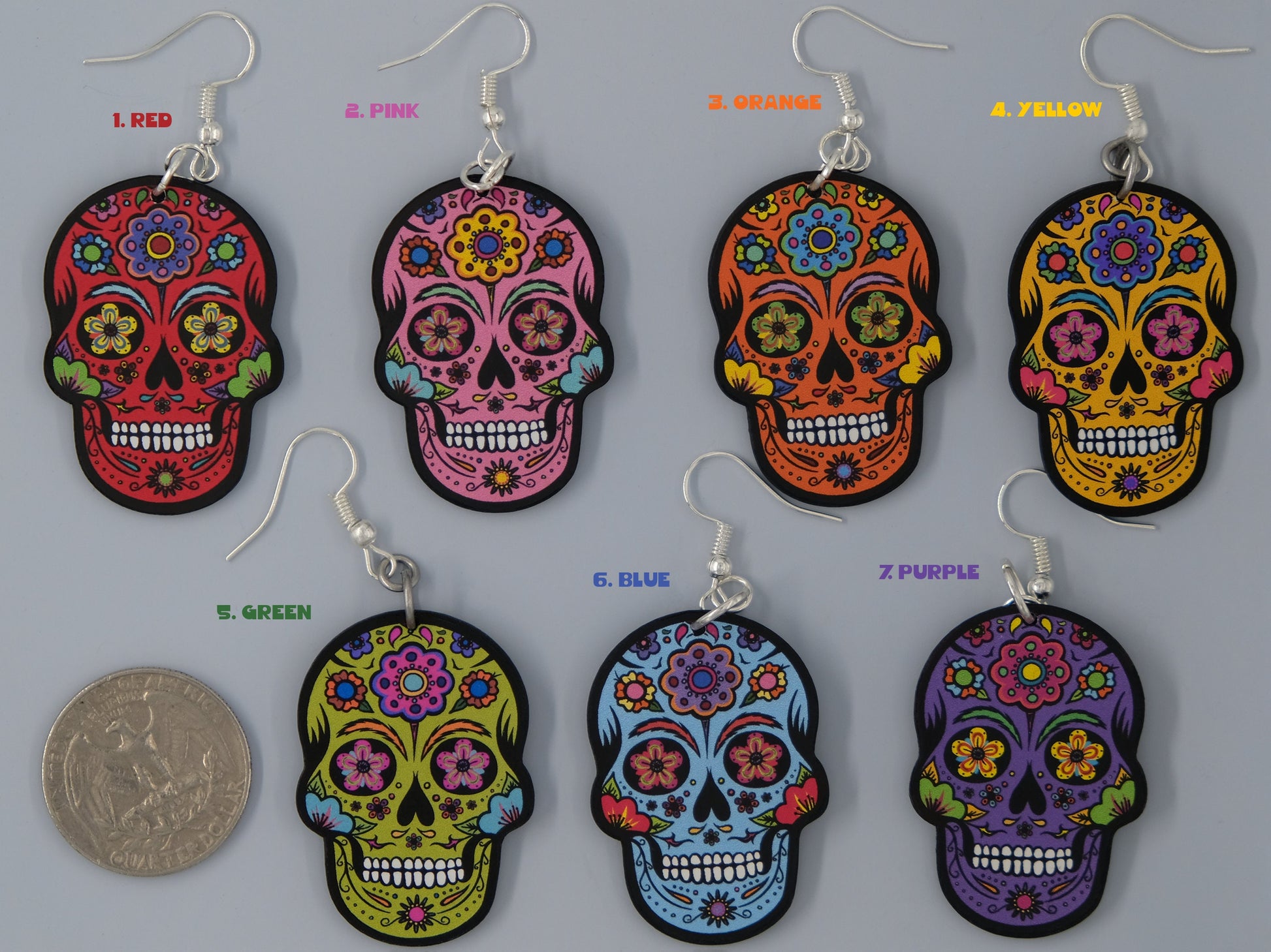 Handmade Original Retro Flower Sugar Skull Día de los Muertos Cráneo del Azúcar Halloween Lightweight Plastic Earrings  Made In USA