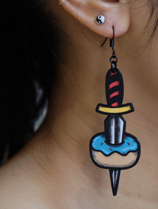 Handmade Original Tattoo Inspired Donut Dagger Lightweight Plastic Earrings