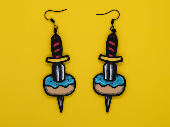 Handmade Original Tattoo Inspired Donut Dagger Lightweight Plastic Earrings