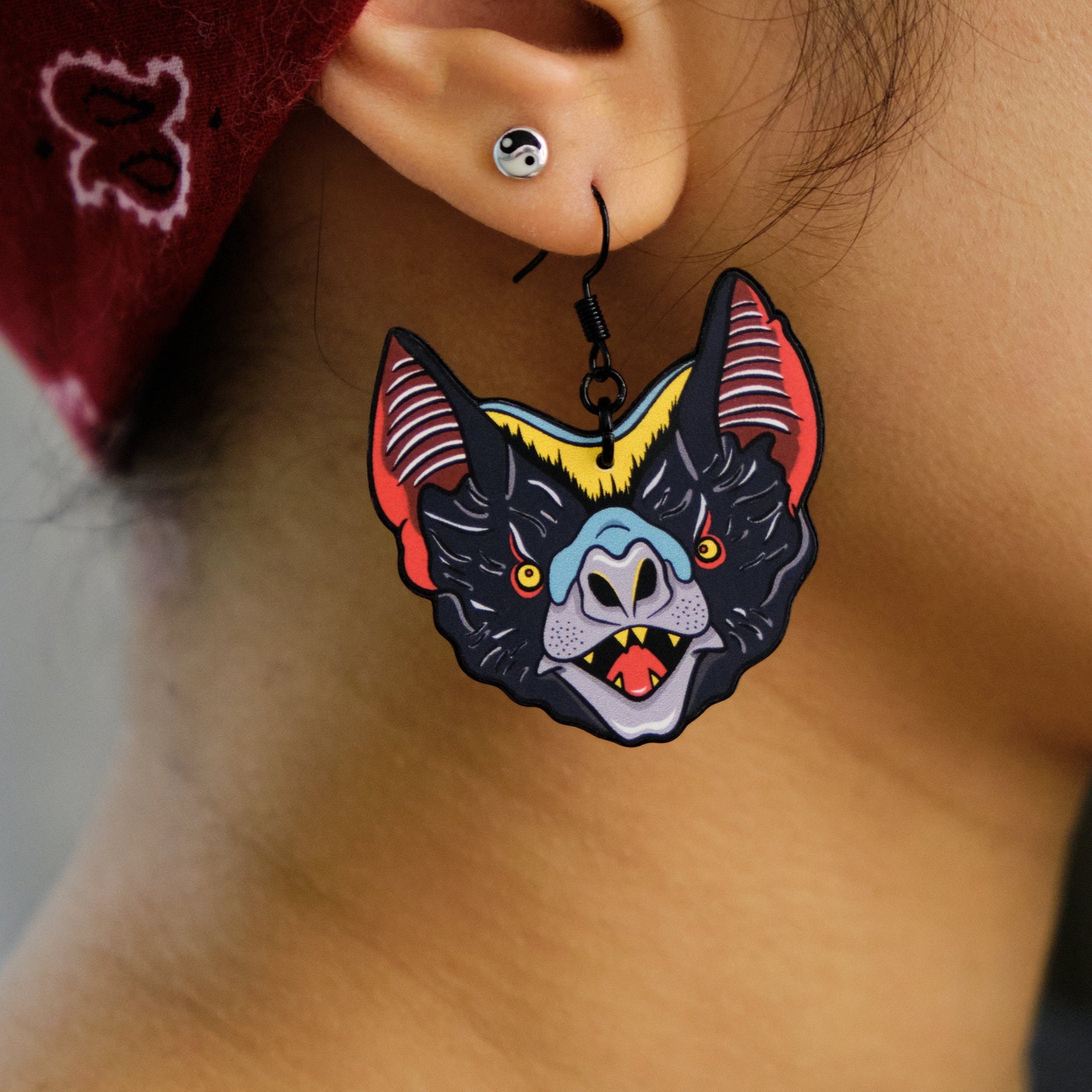 Handmade Original Tattoo Inspired Bat Weird Statement Halloween Costume Spooky Lightweight Plastic Earrings