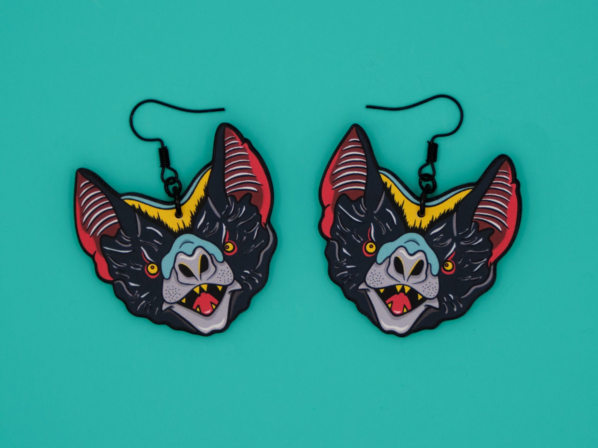 Handmade Original Tattoo Inspired Bat Weird Statement Halloween Costume Spooky Lightweight Plastic Earrings