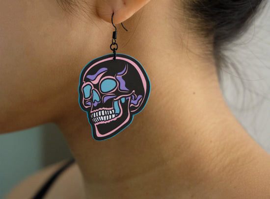 Handmade Original Pretty and Punk Skull Weird Funky Blue Statement Earrings Lightweight Plastic Earrings