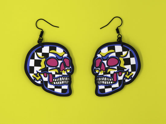 Handmade Original Pretty and Punk Checkered Skull Halloween Costume Lightweight Plastic Earrings